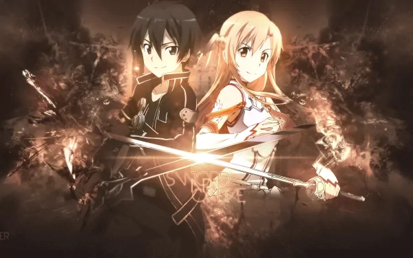 HD wallpaper features Kirito and Asuna Yuuki from Sword Art Online in an intense, dynamic background, showcasing their swords and determined expressions. The anime vibe is strongly present in this crisp image.
