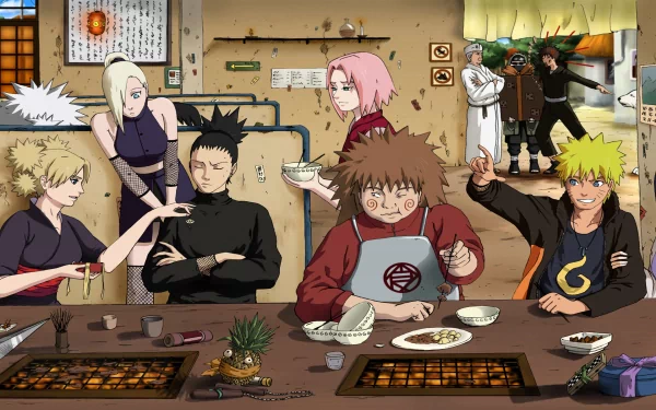 Anime Naruto characters enjoy a meal together in a cozy restaurant setting. This HD desktop wallpaper captures the warmth and camaraderie of the beloved series.