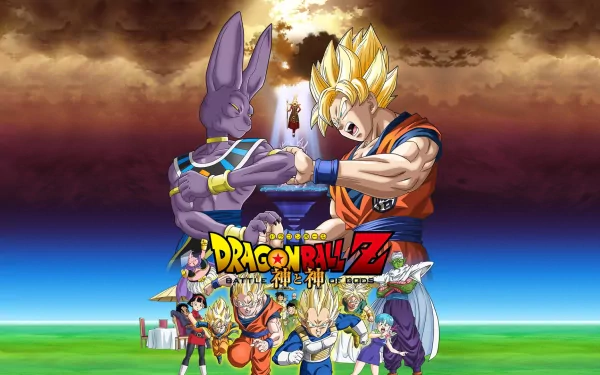 HD desktop wallpaper featuring characters from Dragon Ball Z, with a dramatic background. Central figures include a powerful clash between Goku in Super Saiyan form and Lord Beerus. Anime, Dragon Ball Z.