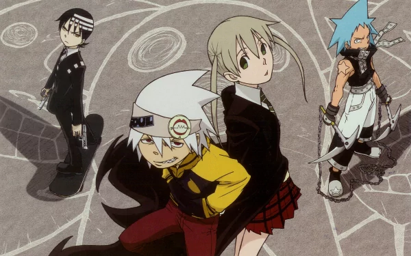 HD desktop wallpaper featuring characters Death the Kid, Black Star, and others from the anime Soul Eater, posed against a circular, mystical background.