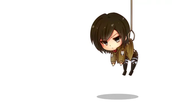 HD desktop wallpaper of Mikasa Ackerman from Attack on Titan, depicted as a chibi character swinging on a rope, against a plain white background.