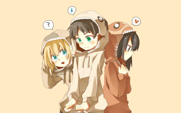 HD desktop wallpaper featuring Armin Arlert, Eren Yeager, and Mikasa Ackerman in playful animal hoodies from the anime Attack on Titan.