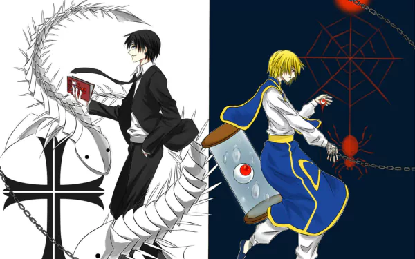 HD desktop wallpaper featuring characters from the anime Hunter x Hunter. One is dressed in black with a book and skeletal design, the other in blue and white with chains and a spider web in the background.