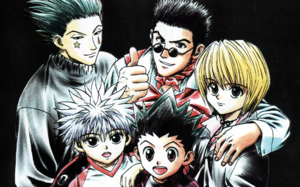 HD desktop wallpaper featuring characters from Hunter x Hunter: Hisoka, Kurapika, Killua Zoldyck, Leorio Paradinight, and Gon Freecss. They are posing together against a dark background.