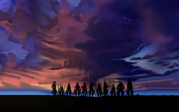 HD desktop wallpaper featuring a sunset silhouette of Attack on Titan characters walking in line against a dramatic cloud-filled sky.