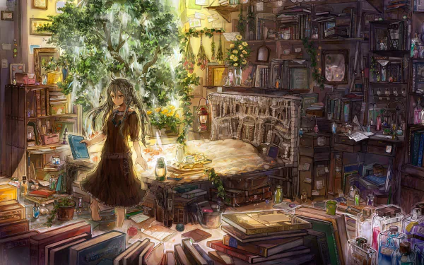 Anime-style HD desktop wallpaper featuring a girl with long hair reading a book among a room full of shelves, books, bottles, and a lush tree.