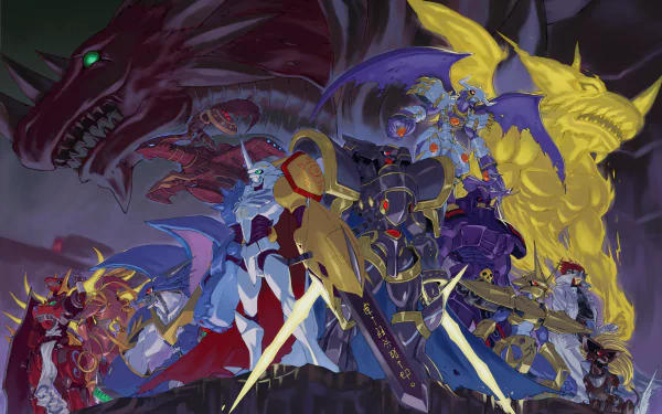 HD anime wallpaper featuring a dynamic battle scene from Digimon, with multiple Digimon warriors and dragons in vibrant colors.
