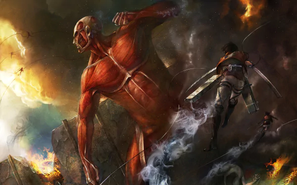 HD desktop wallpaper from Attack on Titan featuring a dramatic battle scene with a giant Titan and a flying soldier amidst fiery clouds.