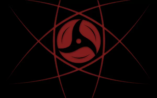 HD desktop wallpaper featuring the Mangekyō Sharingan from Naruto anime. The image displays a red Sharingan symbol set against a black background, creating a striking visual effect.