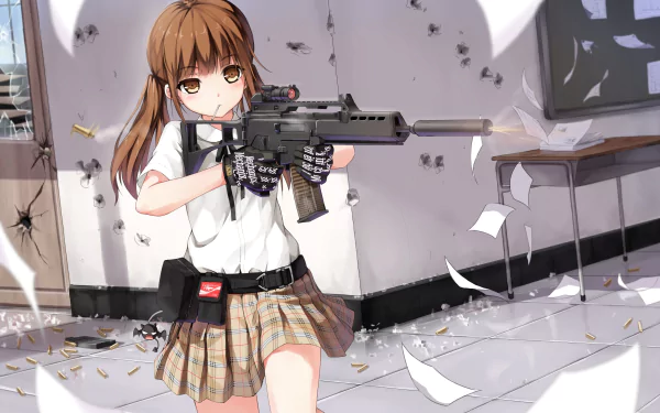 Anime girl with brown hair and brown eyes, wearing a white shirt, skirt, and gloves, wielding a rifle in a shattered room, serves as a dynamic HD desktop wallpaper.
