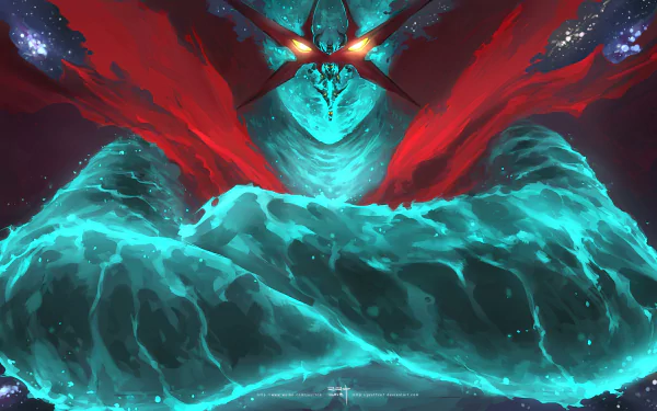 HD desktop wallpaper featuring a dynamic scene from Tengen Toppa Gurren Lagann, showcasing a character with glowing eyes, surrounded by vivid red and turquoise energy.