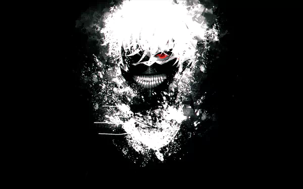 HD wallpaper featuring Ken Kaneki from Tokyo Ghoul with a striking mask, red eyes, and white hair, set against a dark, abstract background.