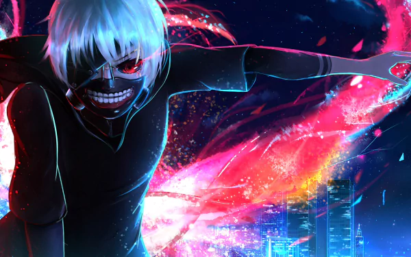 HD wallpaper featuring Ken Kaneki from Tokyo Ghoul, with white hair and a mask, displaying red eyes and a kagune against a vibrant, night-time city backdrop.