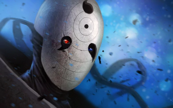 HD desktop wallpaper featuring Obito Uchiha from Naruto, showcasing the powerful Rinnegan and Sharingan eyes amid a dynamic, cosmic backdrop.