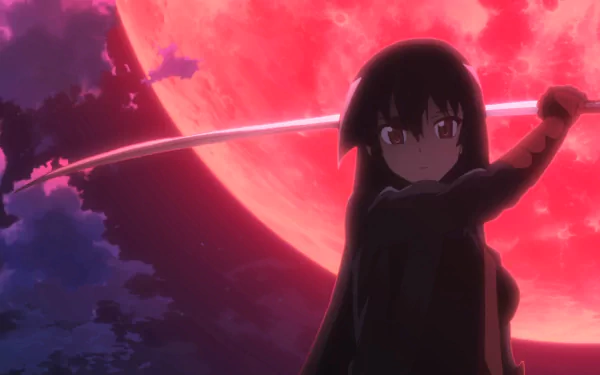 HD desktop wallpaper of Akame from the anime Akame ga Kill!, featuring her holding a sword against a striking red moon background.