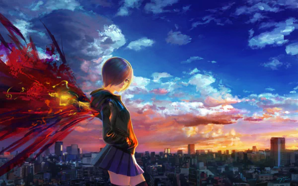Anime character Touka Kirishima with purple hair and red eyes, wearing a hoodie and skirt, stands before a city skyline at sunset, her red kagune unfurling against a dramatic cloud-filled sky.