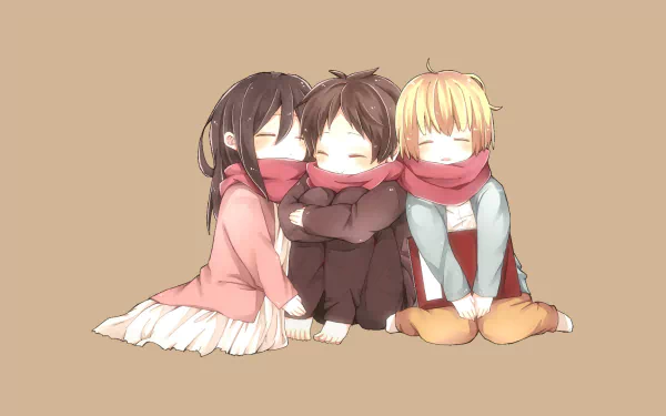 A cute chibi drawing of Mikasa Ackerman, Eren Yeager, and Armin Arlert from Attack on Titan, sitting closely together with scarves covering their mouths, set against a beige background in HD.