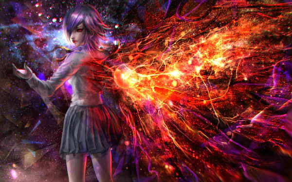HD desktop wallpaper of Touka Kirishima from Tokyo Ghoul, depicted with purple hair and red eyes, wearing a skirt, and unleashing a fiery red kagune.