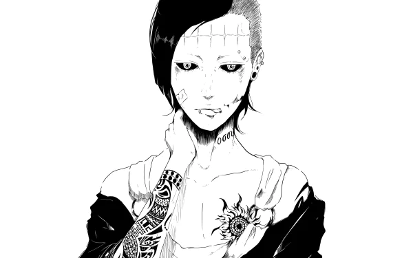 HD desktop wallpaper featuring Uta from the anime Tokyo Ghoul, showcasing detailed black and white artwork with Uta's distinctive tattoos and striking appearance.