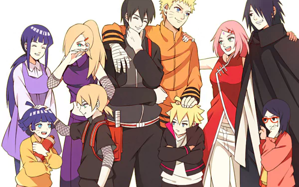 HD desktop wallpaper featuring characters from Naruto and Boruto, including Naruto Uzumaki, Sasuke Uchiha, Hinata Hyuga, and others in a smiling group pose.