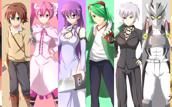 HD desktop wallpaper featuring characters from Akame ga Kill! including Lubbock, Bulat, Najenda, Leone, Sheele, Mine, Tatsumi, and Akame, in a colorful and vibrant anime style.
