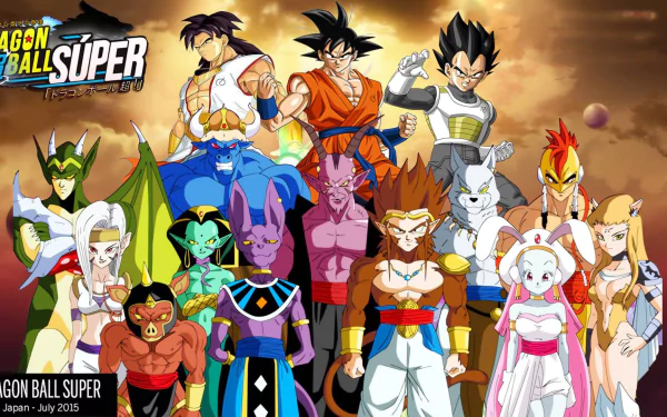 HD desktop wallpaper featuring characters from Dragon Ball Super, including Broly, Beerus, Vegeta, and Goku, standing together against a dramatic sky background.