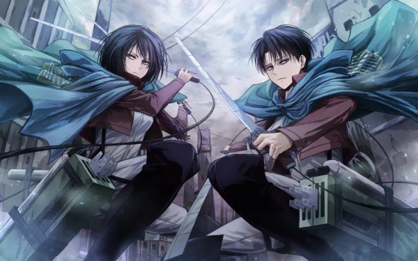 HD desktop wallpaper featuring anime characters Mikasa Ackerman and Levi Ackerman from Attack on Titan. They are wearing capes and holding swords, with intense expressions against a dramatic, cloudy sky backdrop.