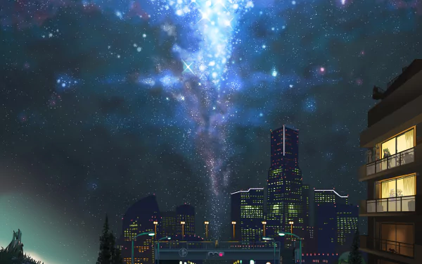 A vibrant night cityscape featuring Hatsune Miku under a starry sky, capturing the essence of anime and Vocaloid aesthetics in stunning 4K Ultra HD.