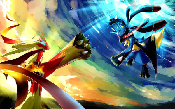 HD desktop wallpaper showing an epic battle between Blaziken and Lucario from Pokémon in an anime style, with a vibrant, dramatic sky as the backdrop.