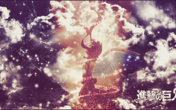 HD desktop wallpaper of Mikasa Ackerman from Attack on Titan, surrounded by a mystical, cloudy background with vibrant light effects.