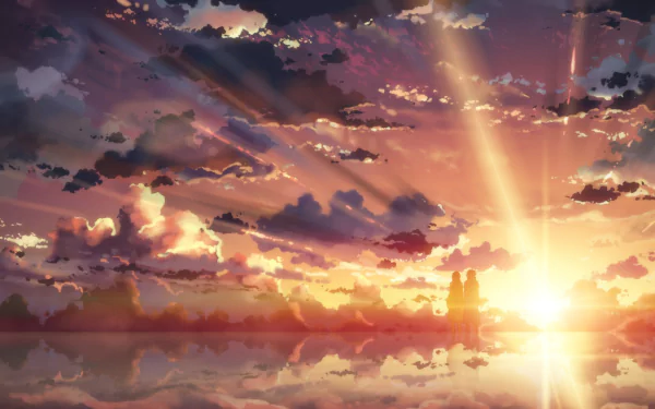 HD desktop wallpaper featuring Asuna Yuuki and Kirito from Sword Art Online. The backdrop is a stunning sunset with clouds reflecting on a serene body of water.