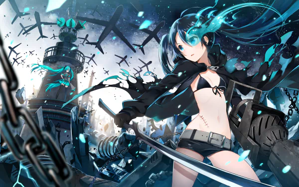HD desktop wallpaper featuring Hatsune Miku in an intense anime style, with a Black Rock Shooter aesthetic. The character wields a sword against a futuristic, chaotic backdrop.