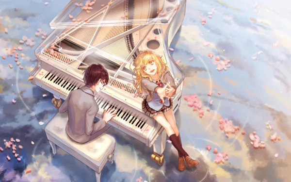 Anime HD desktop wallpaper featuring Kaori Miyazono and Kousei Arima from Your Lie in April. Kaori is sitting on a grand piano lid while Kousei plays, surrounded by cherry blossom petals.