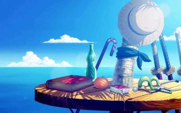 HD desktop wallpaper of One Piece anime featuring a sunny ocean view, Luffy's straw hat, a book, and colorful items placed on a wooden table.
