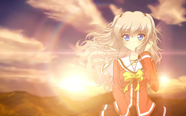 Anime character Nao Tomori from Charlotte, with long white hair, blue eyes, and a school uniform featuring a yellow bow, standing against a sunset backdrop, blushing slightly.