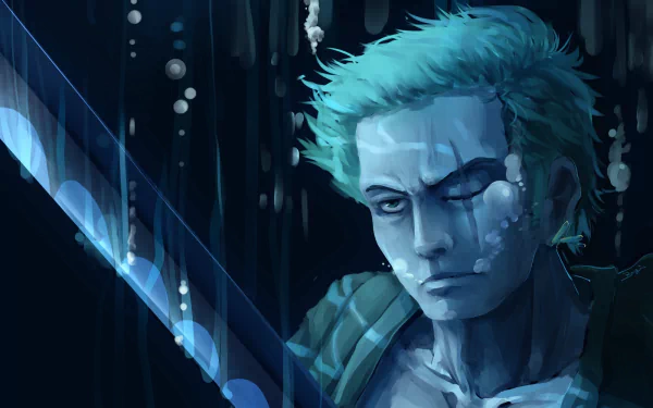 HD wallpaper of Roronoa Zoro from the anime One Piece, featuring a close-up of Zoro with his sword in a dark, dramatic background.