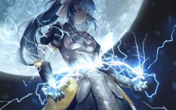HD desktop wallpaper featuring Narberal Gamma from the anime Overlord, depicting her in armor with a moonlit background and lightning emanating from her hands.