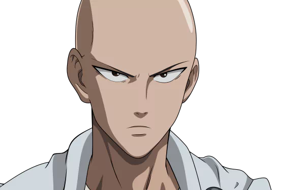 Close-up of Saitama from One-Punch Man, showcasing his determined expression. This vibrant image serves as an 8K Ultra HD wallpaper for fans of the anime.