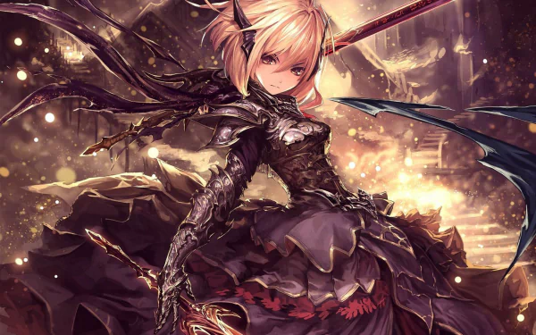 Anime-style HD desktop wallpaper of a woman warrior with blonde short hair and orange eyes, clad in detailed armor, wielding a sword against a mystical background.