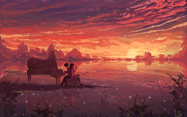 Anime couple by a piano at sunset, reflected on water under a dramatic sky with vivid clouds. This HD wallpaper captures the serene horizon and the sky's fiery colors.