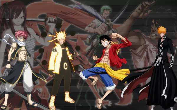 HD desktop wallpaper featuring anime characters Ichigo Kurosaki, Roronoa Zoro, Monkey D. Luffy, Kyūbi, Naruto Uzumaki, Erza Scarlet, and Natsu Dragneel from Bleach, One Piece, Naruto, and Fairy Tail in a crossover design.