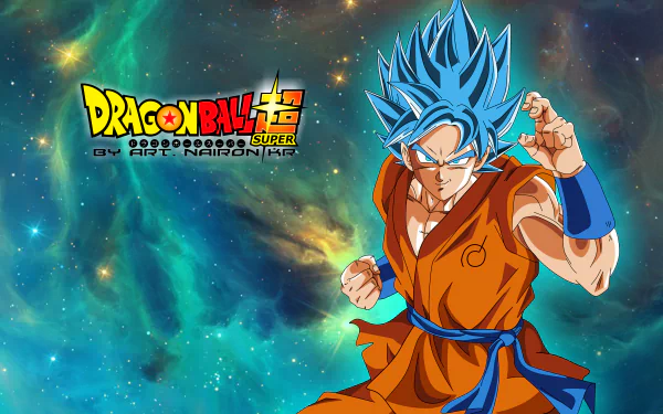 HD desktop wallpaper featuring Goku as Super Saiyan Blue from Dragon Ball Super, set against a vibrant, cosmic background. The Dragon Ball Super logo is visible in the top left corner.