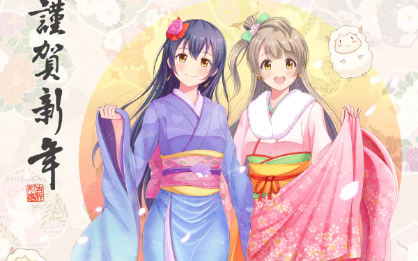Two anime characters, Umi Sonoda and Kotori Minami, wearing colorful yukatas, smile with blushing cheeks. They have long purple and brown hair, set against a soft, floral background.