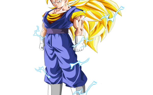 HD desktop wallpaper of Vegetto from Dragon Ball Super, showcasing the character with golden hair and electric energy, set against a plain background.