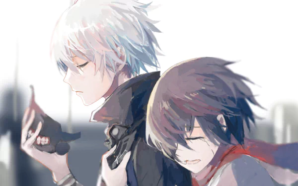 HD wallpaper featuring Ken Kaneki with white hair and Touka Kirishima with short hair from the anime Tokyo Ghoul, depicting an emotional scene between the two characters.