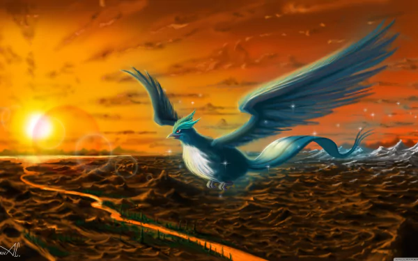 A stunning HD wallpaper featuring Articuno from Pokémon, soaring through a vibrant sunset sky, showcasing beautiful anime-inspired artwork and vivid colors.