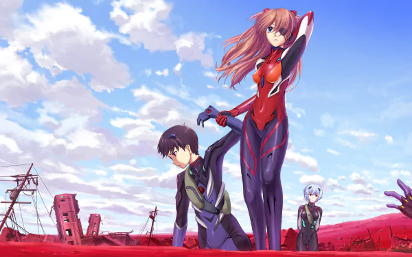 A high-definition wallpaper featuring Shinji Ikari, Asuka Langley Sohryu, and Rei Ayanami from Evangelion: 3.0 You Can (Not) Redo, set against a vivid red landscape.