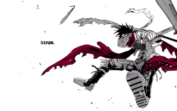 HD desktop wallpaper featuring Stain, also known as Chizome Akaguro, from My Hero Academia. The character with black hair, a red scarf, is holding a knife, and has a menacing smile.