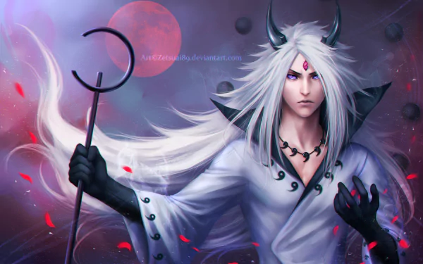 HD desktop wallpaper of Madara Uchiha from the anime Naruto, depicting him with long white hair, a crimson moon background, and holding a staff.