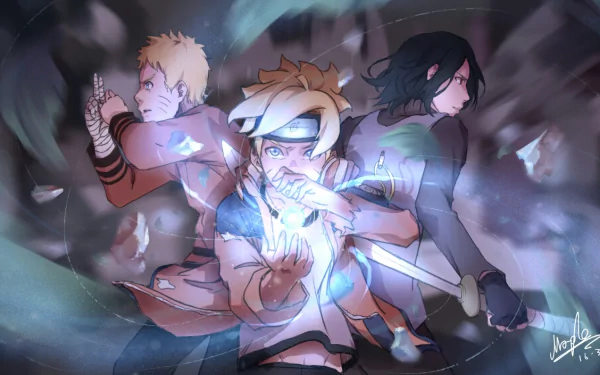 HD desktop wallpaper featuring Naruto Uzumaki, Boruto Uzumaki, and Sasuke Uchiha from the anime Boruto. The image showcases Boruto with blonde hair and blue eyes, Naruto with short blonde hair, and Sasuke with black hair and red eyes.
